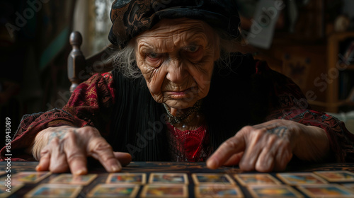 Old witch doing a tarot card reading