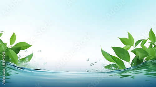 Green organic floating water waves with fresh plant leaves, isolated on white background banner, Generative AI