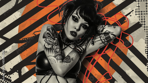 alternative goth style woman with tattoos posing on a colorful background