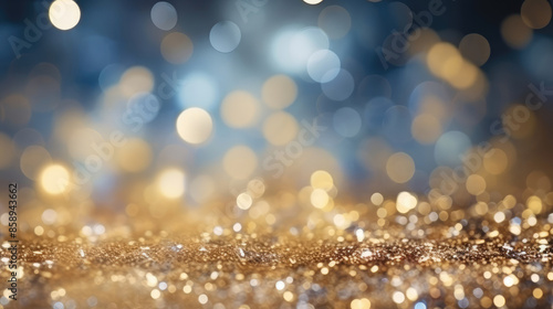 Festive celebration holiday christmas, new year, new year eve background banner template - Abstract glitter wave bokeh lights texture Gold and blue. de-focused, Generative AI