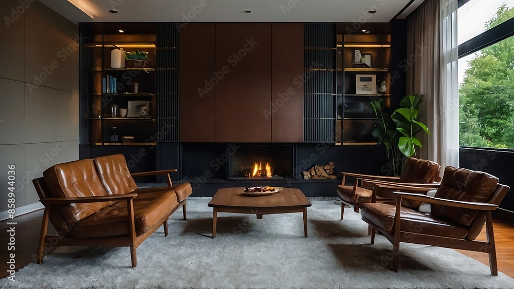 Brown leather sofa and chair in living room with fireplace Modern living room mid century style home interior design.
Brown leather sofa and chair in living room with fireplace Modern living room mid century style home interior design.