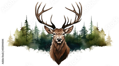 Wildlife forest animal illustration - Watercolor painting of deer stag head with antlers, design for logo or t shirt, isolated on white background, Generative AI