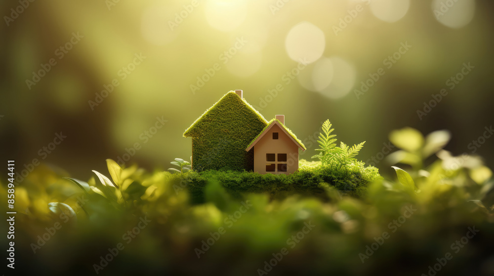 Green and environmentally friendly housing concept, nature forest background - Miniature wooden house home in grass, moss and ferns, illuminated by the sun, sunshine, Eco house, Generative AI Green and environmentally friendly housing concept, nature forest background - Miniature wooden house home in grass, moss and ferns, illuminated by the sun, sunshine, Eco house, Generative AI