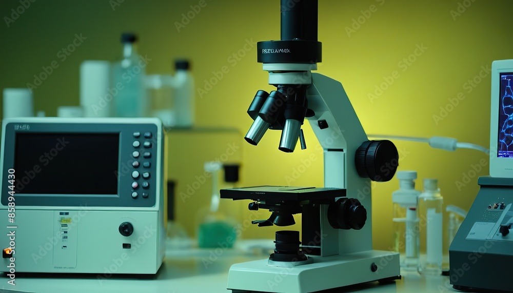 laboratory with beakers, test tubes, and microscope on a lab bench laboratory with beakers, test tubes, and microscope on a lab bench