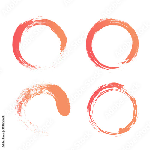 Hand drawn circle brush set. Orange enso zen stamp. Seal, ink or paintbrush design template. Grunge round shape. Vector illustration