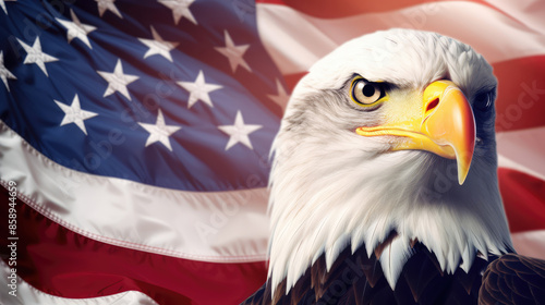 Holiday independence day celebration USA America banner panorama - Closeup portrait head of bald eagle, with defocused american flag in th background, Generative AI