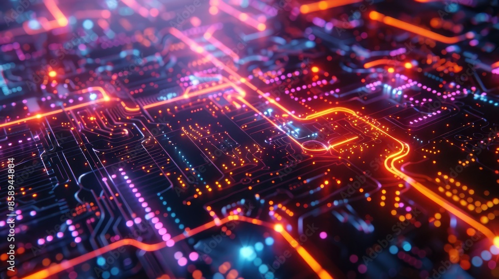 Abstract futuristic circuit board with glowing neon lines and nodes. Abstract futuristic circuit board with glowing neon lines and nodes.