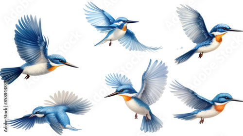 Animals wildlife birds kingfishers banner panorama long - Collection of cute blue orange flying, fishing and sitting kingfisher bird (alcedo atthis), isolated on white background, Generative AI