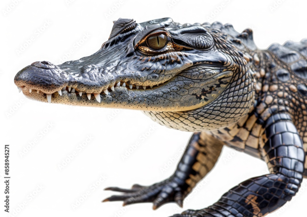 Fototapeta premium Close-up,side view of a young alligator isolated on a white background