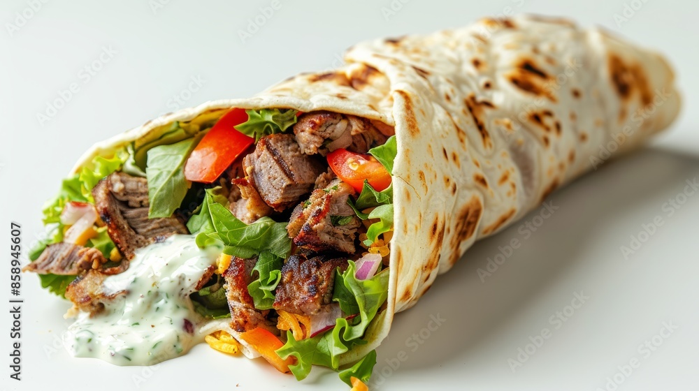 Delicious doner kebab wrap with ranch dressing, neatly presented on a plain white background, front-view, vibrant editing for appetizing appeal Delicious doner kebab wrap with ranch dressing, neatly presented on a plain white background, front-view, vibrant editing for appetizing appeal