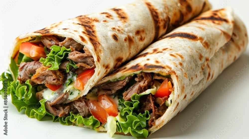 Delicious doner kebab wrap with ranch dressing, neatly presented on a plain white background, front-view, vibrant editing for appetizing appeal Delicious doner kebab wrap with ranch dressing, neatly presented on a plain white background, front-view, vibrant editing for appetizing appeal
