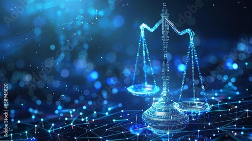 Digital justice scale floating on a high-tech blue background, symbolizing cybersecurity, data protection, and modern legal practices, with holographic elements