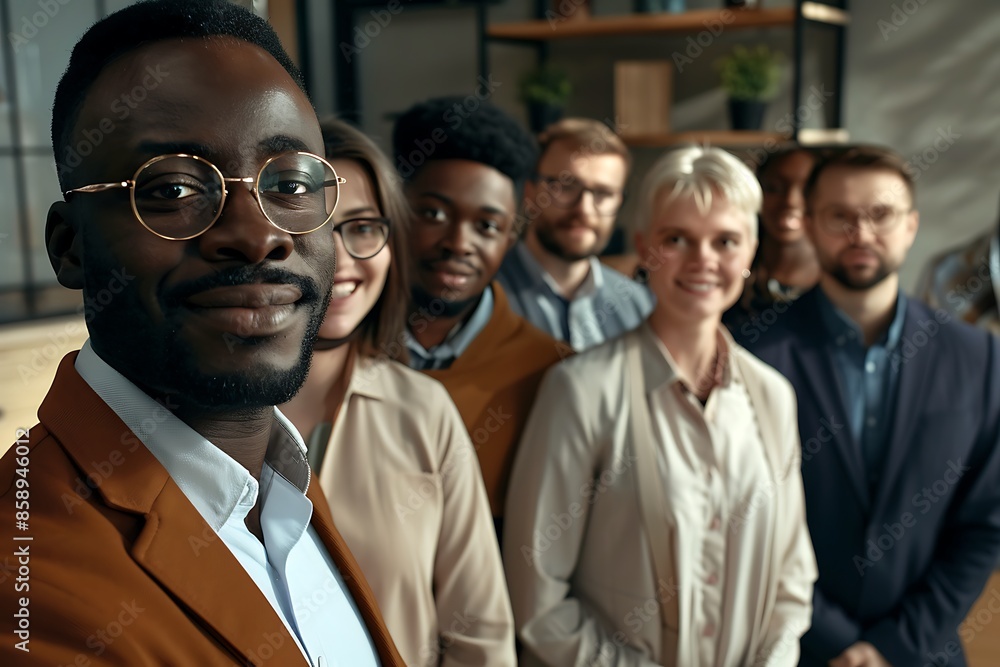 Obraz premium Portrait group of multiethnic business person looking at camera in the office. Togetherness, teamwork and DEIB concept.