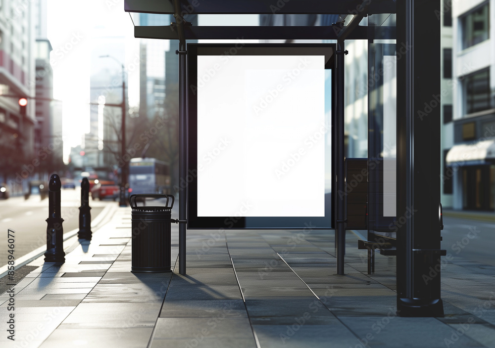 Blank poster billboard at modern bus stop in urban cityscape. Advertising and marketing campaigns. Blank poster billboard at modern bus stop in urban cityscape. Advertising and marketing campaigns.