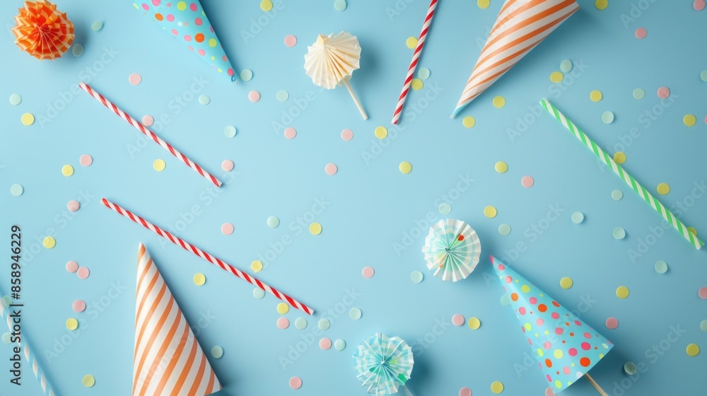 Fototapeta premium Birthday party caps, blowers, and paper straws on blue background - festive celebration decorations for a happy birthday party