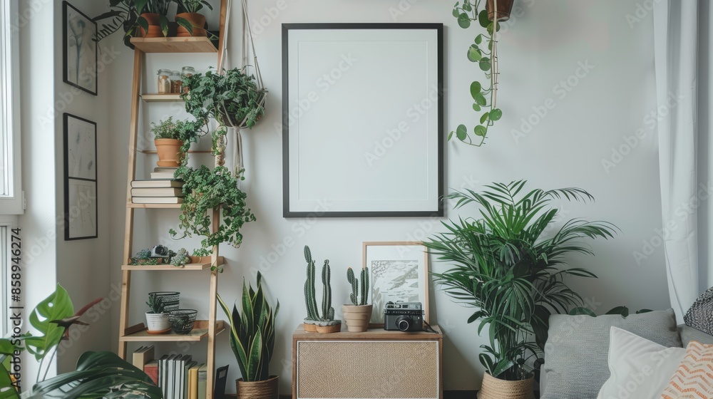 Elegant Scandinavian living room decor, featuring a black poster frame, light wood shelf with cacti, minimalist plants, books, retro camera, and a clean ladder for a modern touch Elegant Scandinavian living room decor, featuring a black poster frame, light wood shelf with cacti, minimalist plants, books, retro camera, and a clean ladder for a modern touch