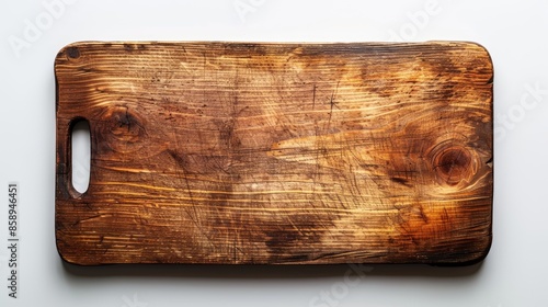 Empty wooden cutting board with natural wood texture, captured from above on a clean white background, perfect for food and recipe visuals