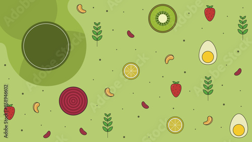 Food background illustration with a kiwi, strawberries, beans, eggs, lemons, cashew nuts, and more. A flat, colorful vector design.