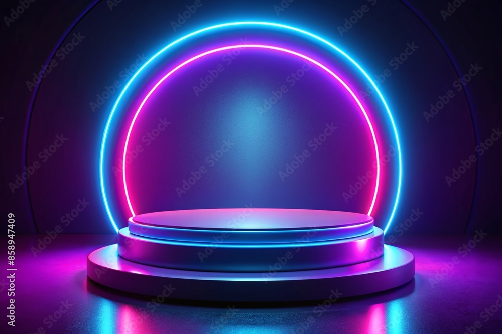 Neon podium background blue light 3D effect ring line purple can be used for mocking up or display product to make advertising Neon podium background blue light 3D effect ring line purple can be used for mocking up or display product to make advertising