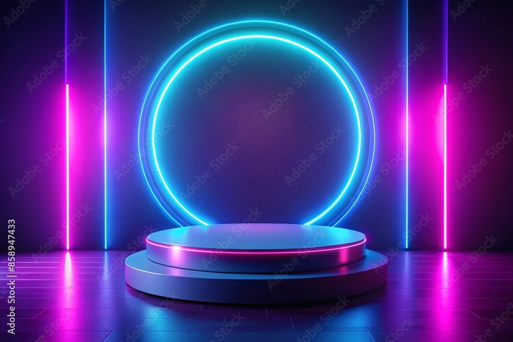 Neon podium background blue light 3D effect ring line purple can be used for mocking up or display product to make advertising Neon podium background blue light 3D effect ring line purple can be used for mocking up or display product to make advertising