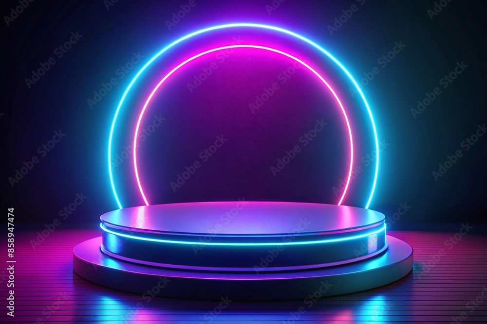 Neon podium background blue light 3D effect ring line purple can be used for mocking up or display product to make advertising Neon podium background blue light 3D effect ring line purple can be used for mocking up or display product to make advertising