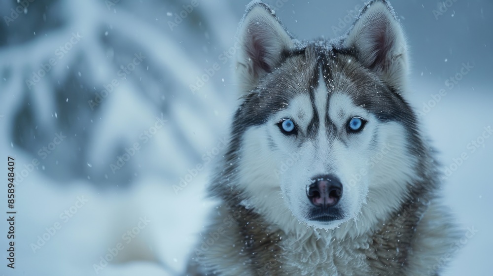 A dog with blue eyes stands in the snow. The dog is looking directly at the camera. The image has a calm and peaceful mood A dog with blue eyes stands in the snow. The dog is looking directly at the camera. The image has a calm and peaceful mood