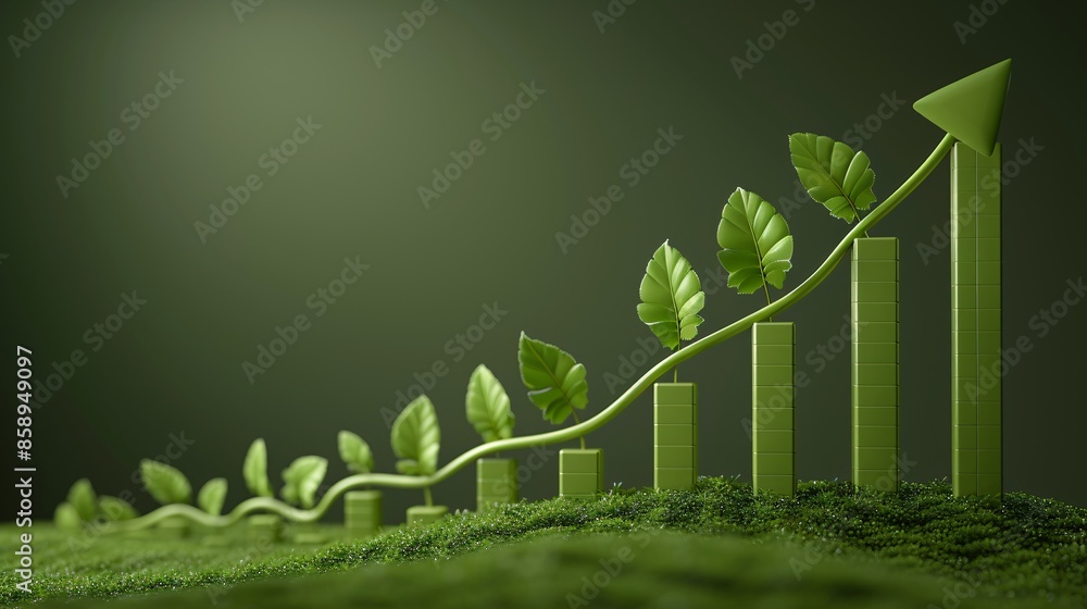 Eco-friendly financial graph with lush leaves growing from the lines, symbolizing a sustainable economy and green investments, designed with plenty of copyspace Eco-friendly financial graph with lush leaves growing from the lines, symbolizing a sustainable economy and green investments, designed with plenty of copyspace