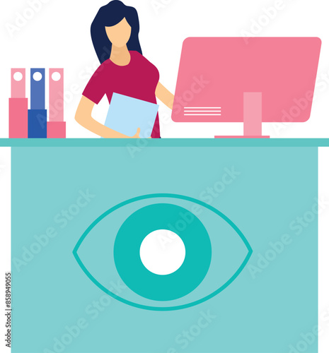The girl is standing in the reception of eye clinic.
