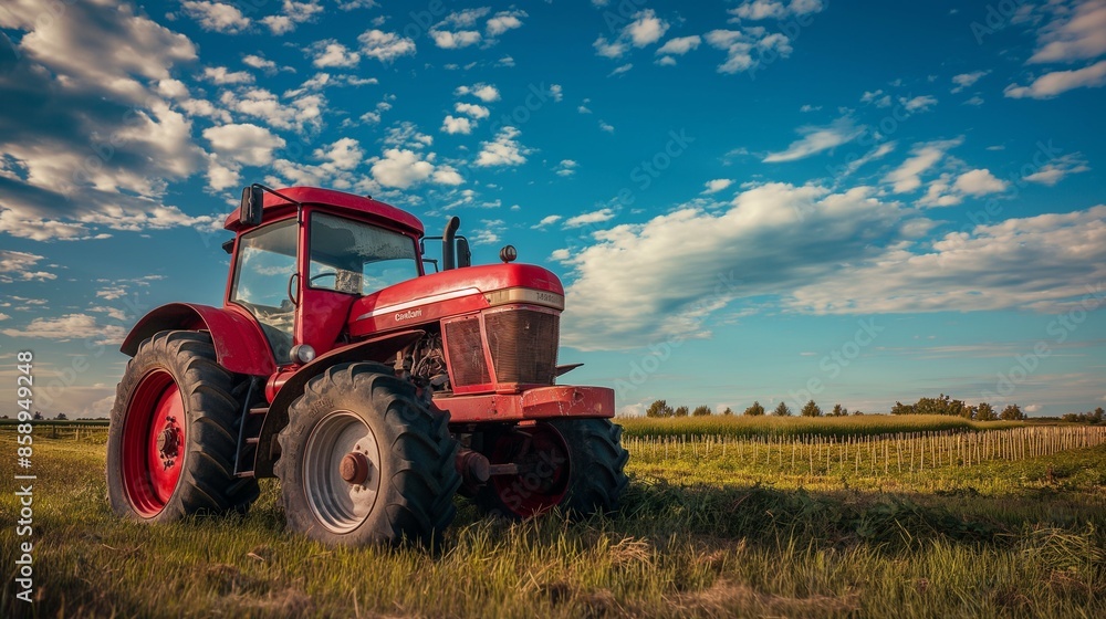 Fototapeta premium Red tractor in the field