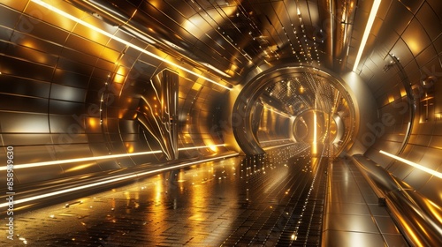 Golden Futuristic Tunnel with Glowing Lights © addymawy
