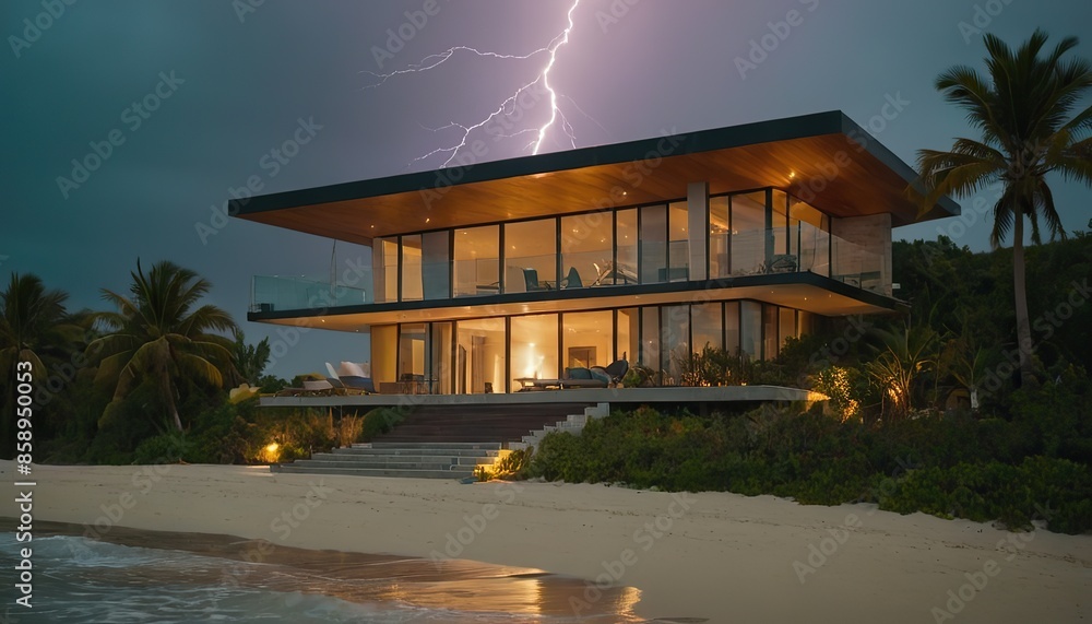 Fototapeta premium Powerful lightning storm front passes over residential houses