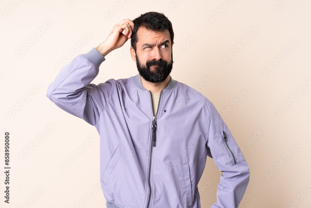 Caucasian man with beard wearing a jacket over isolated background having doubts while scratching head Caucasian man with beard wearing a jacket over isolated background having doubts while scratching head