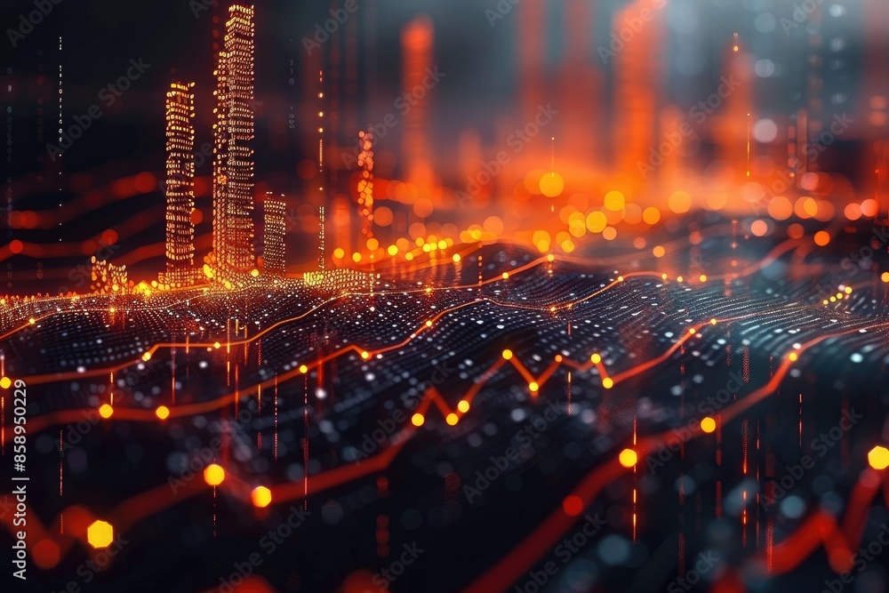 Fototapeta premium Abstract futuristic cityscape with glowing lines and data points, representing technological advancement and digital growth.