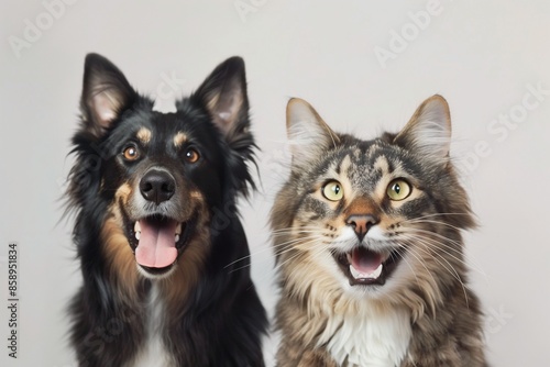 Sheepdog and cat with beaming expressions, perfectly isolated against a clear background. © Rafia