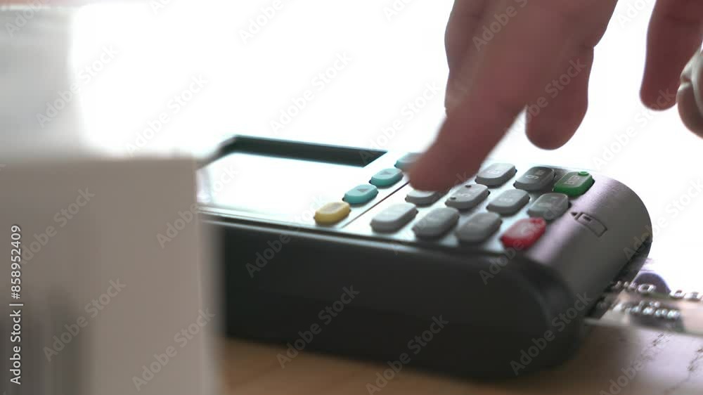 A credit card reader sits on a table next to a white box. The box is labeled with a barcode A credit card reader sits on a table next to a white box. The box is labeled with a barcode
