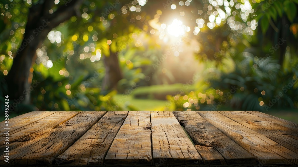 Blurry daytime garden background with a wooden table top for product display or design layout Blurry daytime garden background with a wooden table top for product display or design layout