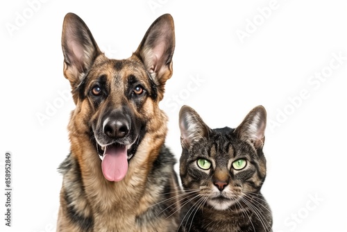 Shepherd dog and cat with beaming expressions, perfectly isolated against a clear background.
