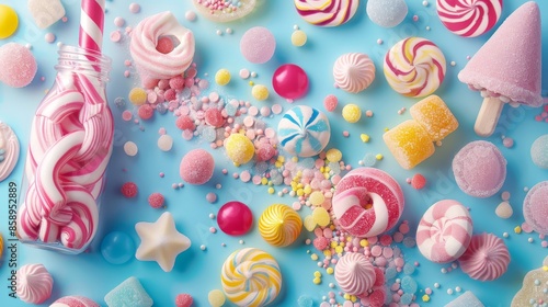Top-down perspective of pastel candies and sugarplums spilling from a bottle, creating a delightful, chaotic confectionery scene