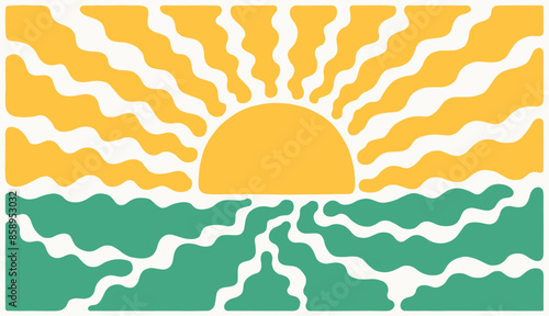 Horizontal landscape in groovy style with sun and meadow. Stylized surreal illustration. Vector art