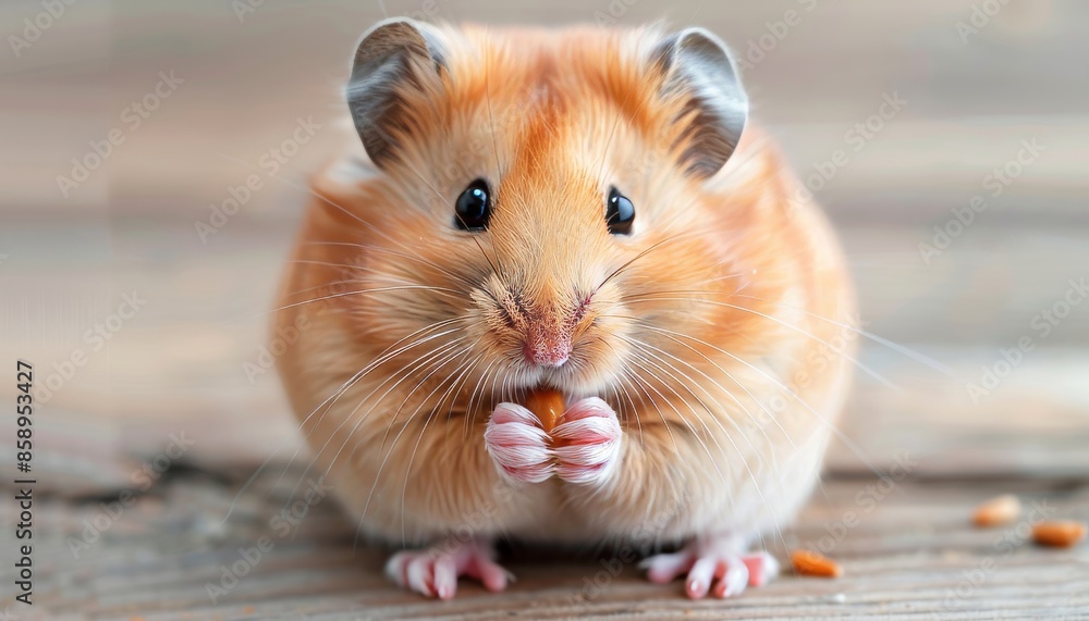 Detailed macro shot of a cute hamster eating seeds in its comfortable cage environment Detailed macro shot of a cute hamster eating seeds in its comfortable cage environment