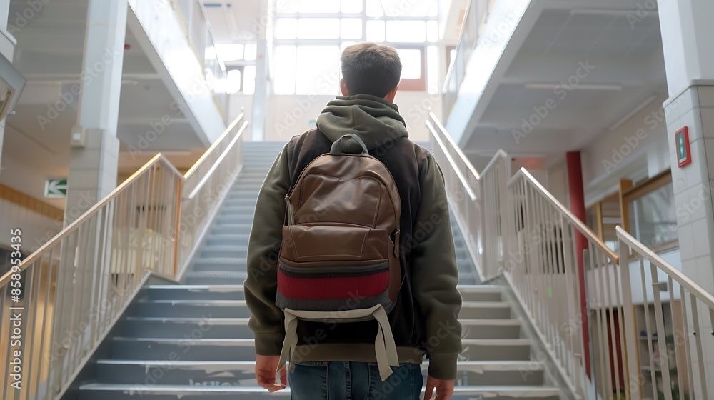 Back view of a student walking on the stairs in the school. Step by step to success concept. Back view of a student walking on the stairs in the school. Step by step to success concept.