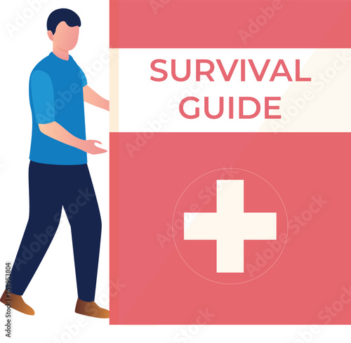 The boy is explaining about survival guide.