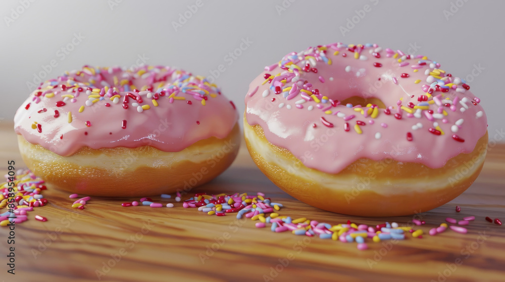 Two pastel pink-frosted donuts with colorful sprinkles on a wooden board, radiating a sweet, delightful vibe. Two pastel pink-frosted donuts with colorful sprinkles on a wooden board, radiating a sweet, delightful vibe.