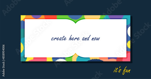 Simple holiday flyer template with frame made of multicolored colorful round spots. Festive card design. Vector hand drawn art.