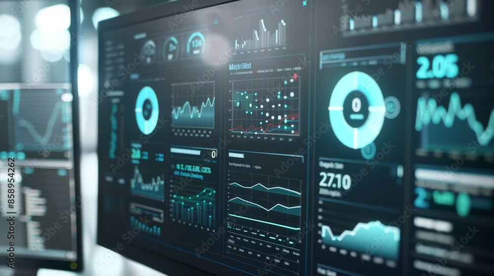 High-tech data display screens flashing with charts and metrics in a dimly lit room, illustrating the fast-paced environment of data analysis and modern technology.