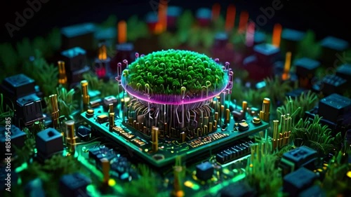 A circuit board with a green glowing object in the center resembling a plant or tree.