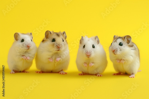 5 Jungar hamsters on a yellow background  generated by AI photo
