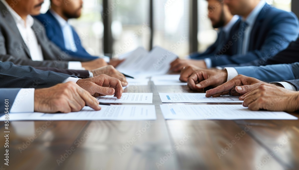 Close up of hands meticulously arranging documents on table for upcoming meeting preparation Close up of hands meticulously arranging documents on table for upcoming meeting preparation