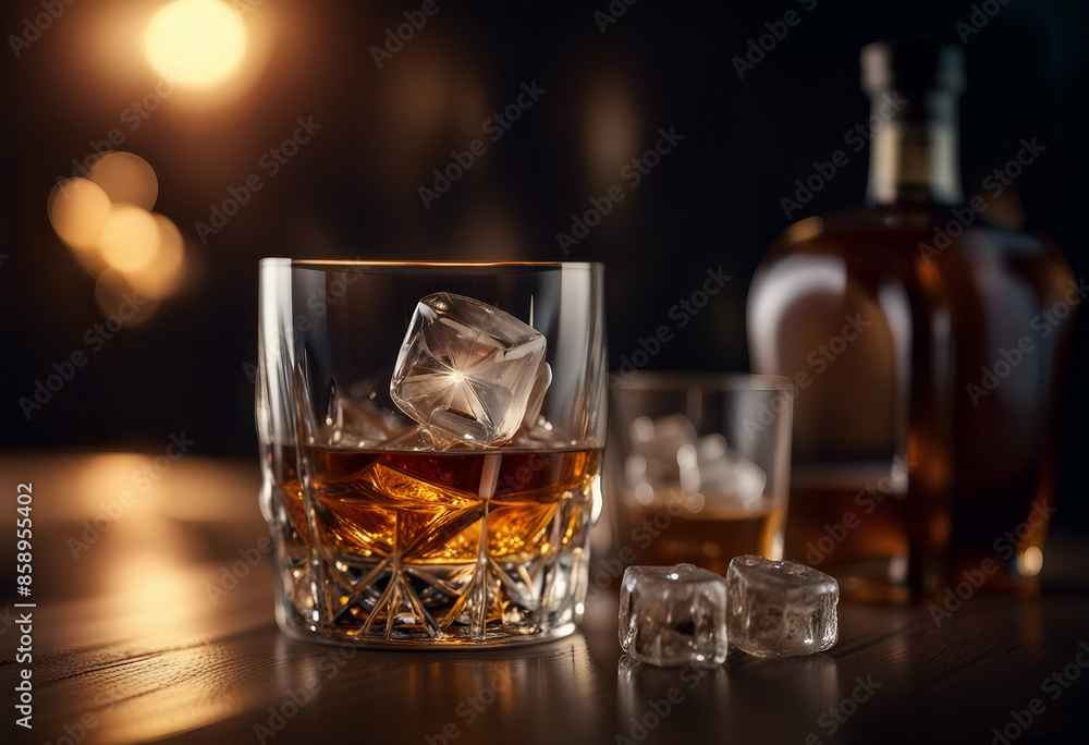whisky glass with ice flakes on a wooden barrel and an unbranded, unwritten whisky bottle. whisky glass with ice flakes on a wooden barrel and an unbranded, unwritten whisky bottle.