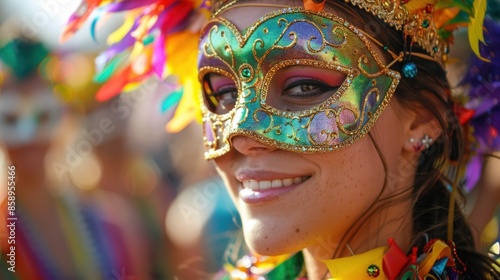 Fun-filled Mardi Gras parade with colorful floats masks and costumes Crowds of people enjoying the lively atmosphere and festivities A scene of joy and celebration © Thanyaporn